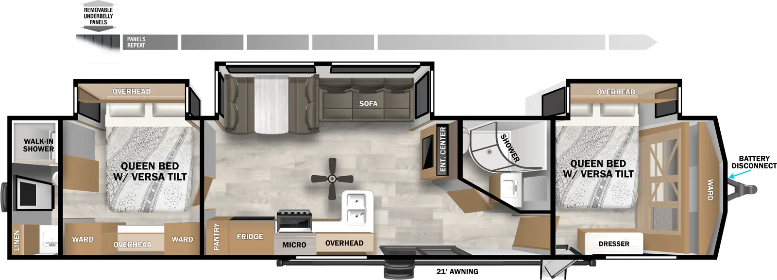 The Salem Villa 42DMS has two entries and three slide outs. Exterior features include: fiberglass exterior and 21' awning. Interiors features include: front bedroom, two bedrooms, rear bathroom and two full bathrooms.